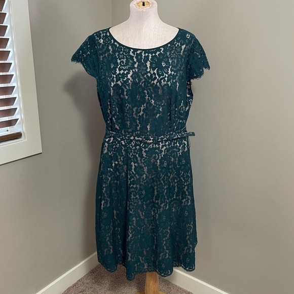 ELIZA J Cap Sleeve Lace Fit & Flare Dress Green with Belt - Picture 3 of 9